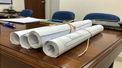 Architectural blueprints rolled and secured on a desk