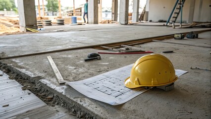 Construction site with plans and safety gear on the floor