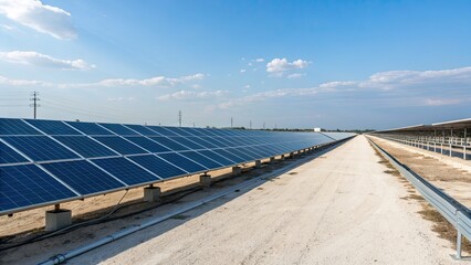 Expansive solar panel installation under a clear blue sky