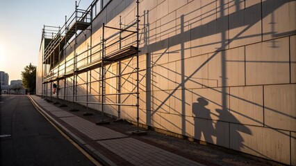 Shadows of construction workers on a building site at sunset