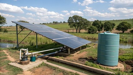 Solar-powered irrigation system in a rural landscape
