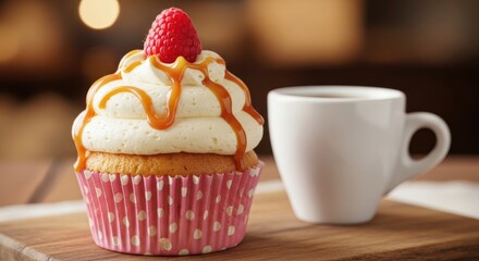Indulgent Raspberry Caramel Cupcake in a Pink Polka Dot Wrapper with Coffee