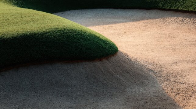 Detailed view of a sand bunker on a golf course with smooth raked sand and lush green grass edges under soft light - Powered by Adobe