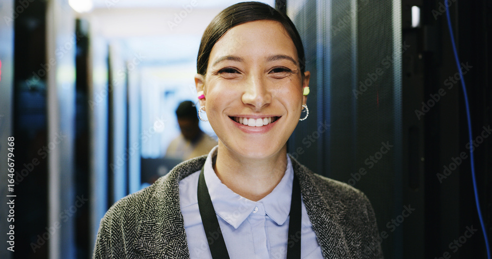 Poster server room, portrait and woman technician for cybersecurity update or online machine system. it sup