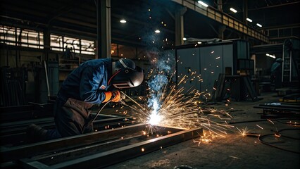Welder creating sparks in industrial workshop