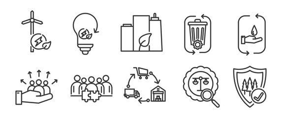 ESG Icon Set in Outline Style for Sustainable Business Green Energy Projects Climate Action Ethical Sourcing and Social Impact Initiatives