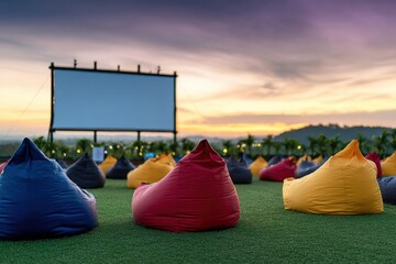 Open air cinema equipped with comfortable beanbag chairs on a lawn, showing a blank screen during a beautiful sunset