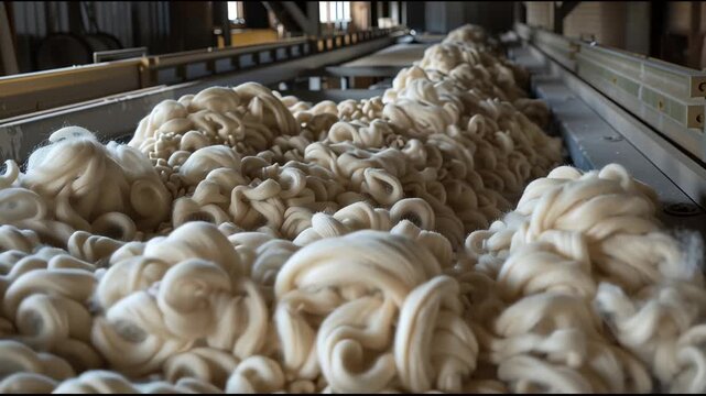 Freshly Shorn Alpaca Wool on Conveyor in Industrial Textile Facility for Processing and Spinning