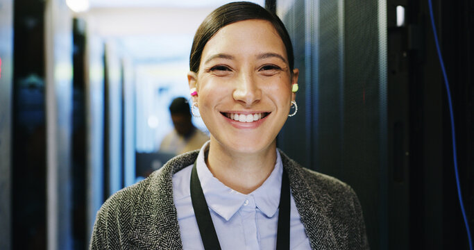 Server room, portrait and woman technician for cybersecurity update or online machine system. IT support, data center and smile of happy engineer for network, information technology and solution - Powered by Adobe