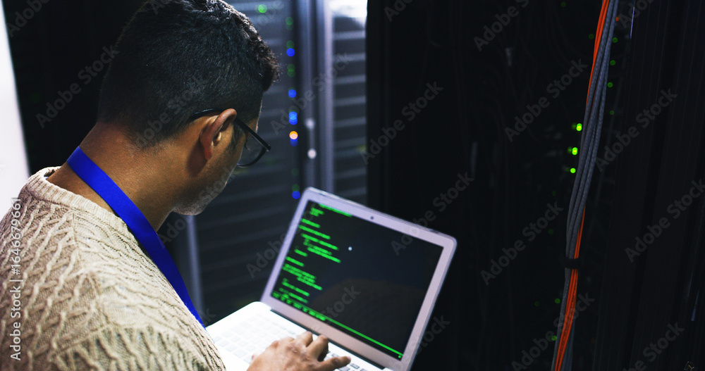 Poster server room, laptop and screen for coding, cybersecurity update or online machine system. it support