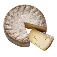 cheese isolated on white background - Top-down view of a whole Tomme de Nancy cheese wheel with a wedge cut out