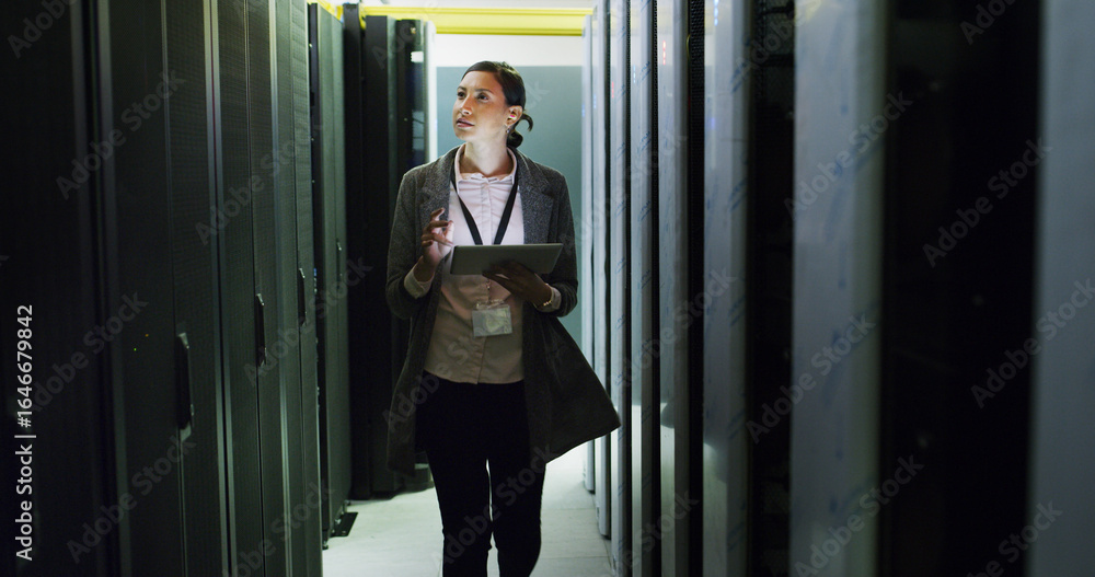 Poster database, inspection and tech support with woman in server room for cybersecurity or maintenance. ap
