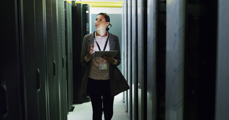 Database, inspection and tech support with woman in server room for cybersecurity or maintenance....