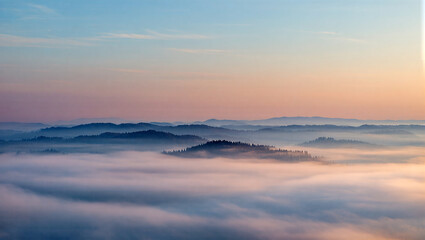 Fototapeta premium Morning fog blankets rolling hills at dawn in soft pastels
