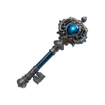 Ornate Fantasy Key with Glowing Blue Gem - 3D Render