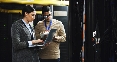 Server room, team and people with laptop for planning, software update or system maintenance....