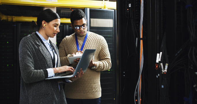 Server room, team and people with laptop for planning, software update or system maintenance. Datacenter, collaboration or cloud computing with IT technician for database or cybersecurity with tablet