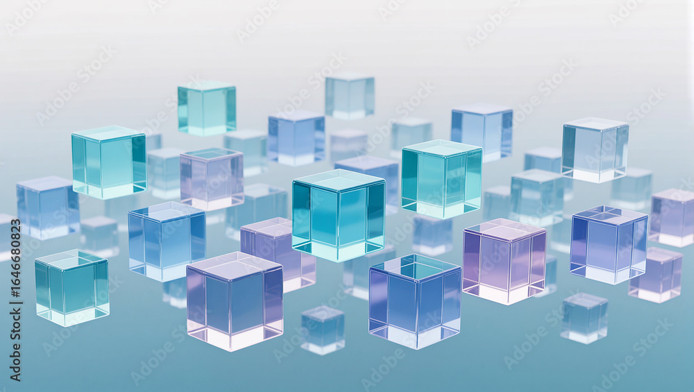 Poster colorful translucent cubes float in a dreamy abstract space