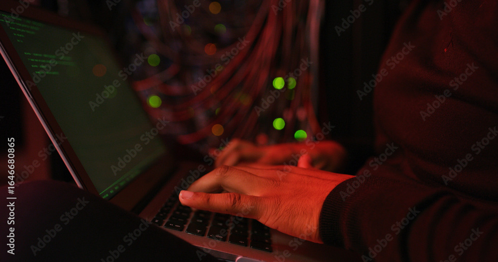 Aufkleber night, hands and man on laptop for hacking, programming or cybersecurity website. software attack, l