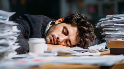 Man Sleeping on Table Surrounded by Documents, Conveying Exhaustion and Overwork in a Busy Environment