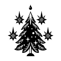 Obraz premium Vector art of stylized black and white christmas tree with stars, isolated on white background