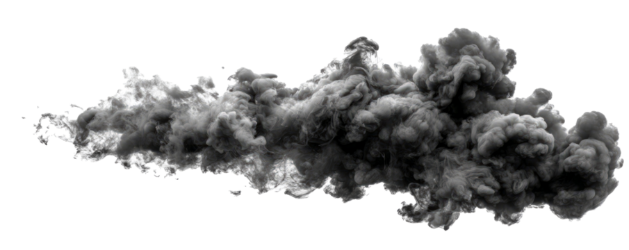 A dense plume of black smoke trailing horizontally, isolated on a white background. Concept for explosion effects or pollution.