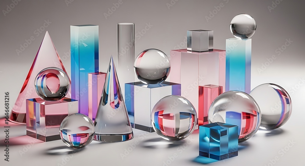 Poster geometric crystal shapes with light refractions and vibrant color gradients on display