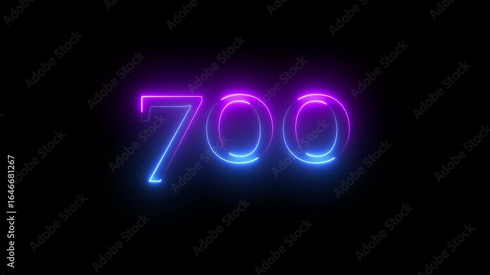 Poster glowing neon text 700 number countdown icon. seven hundred number neon number 700 with alpha channel