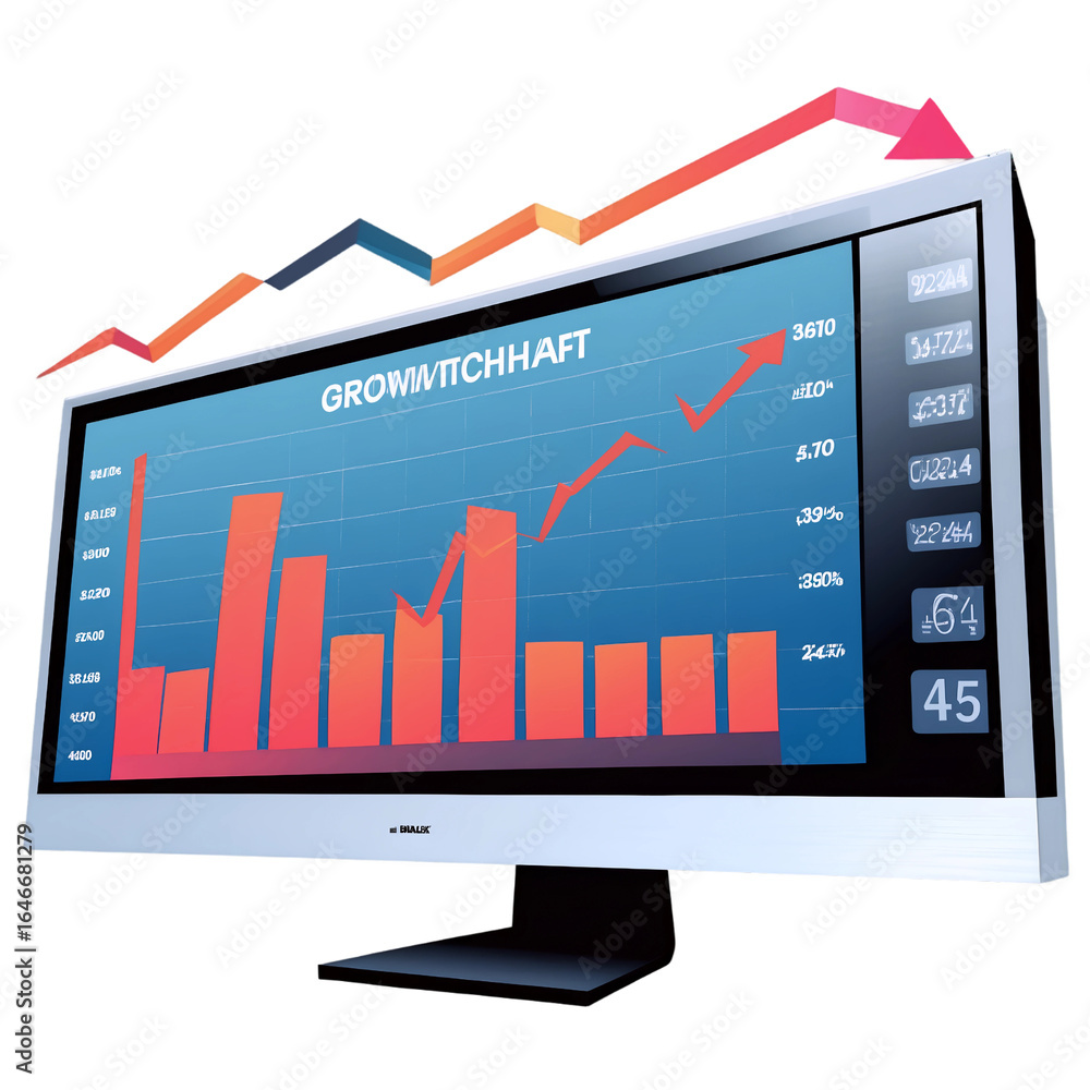 Poster computer monitor displaying a financial graph with upward and downward trends.