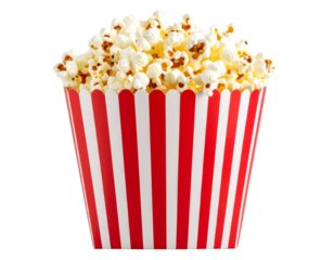 Classic Popcorn Box with Popped Corn Exploding Out, Front View, Isolated PNG