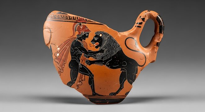 An authentic fragment of an ancient Greek pottery vessel, showcasing a classic black-figure painting style.