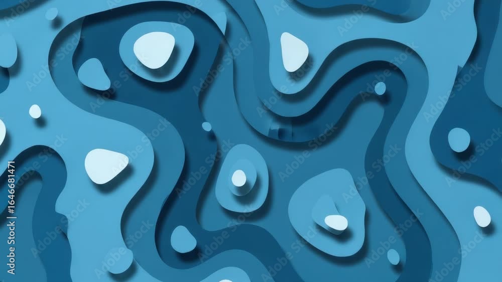 Poster an abstract blue paper cut design with layered organic shapes and shadows, creating a sense of depth
