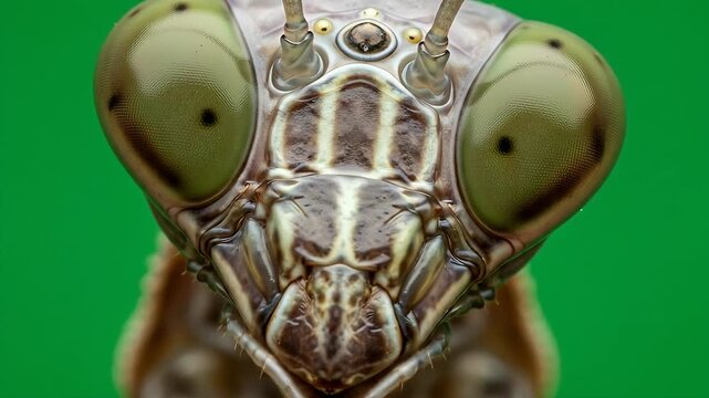 Detailed Mantis Gaze: A captivating macro shot unveils the intricate face of a praying mantis against a vibrant green backdrop, showcasing the insect's unique features and mesmerizing eyes.