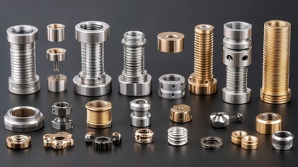 Assorted metal machined parts and components arranged on a dark surface.