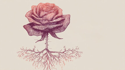 Eine stilisierte Rose mit Wurzeln, die auf einem hellen Hintergrund gezeichnet ist, symbolisiert Wachstum und Leben.