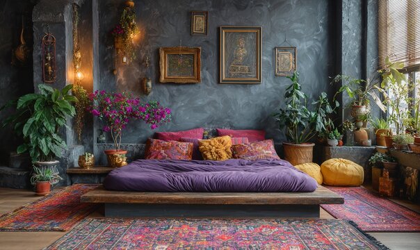 Gem&uuml;tliches Schlafzimmer im Boho-Stil mit &uuml;ppiger Pflanzenwelt, orientalischen Teppichen und warmem Licht.