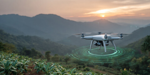 Ein moderner Drohne fliegt &uuml;ber ein landwirtschaftliches Feld in den Bergen bei Sonnenuntergang.