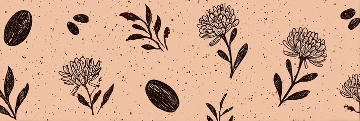 Eine nahtlose botanische Musterung mit zarten Illustrationen von Kleebl&uuml;ten und Bl&auml;ttern auf einem strukturierten Hintergrund.