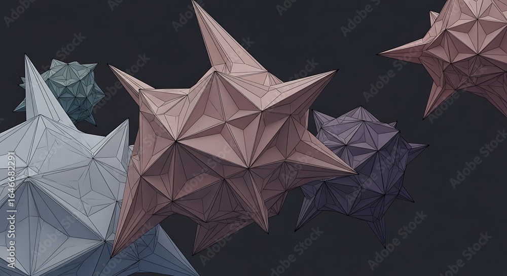 Poster geometric spiky shapes floating against a dark backdrop create an abstract design