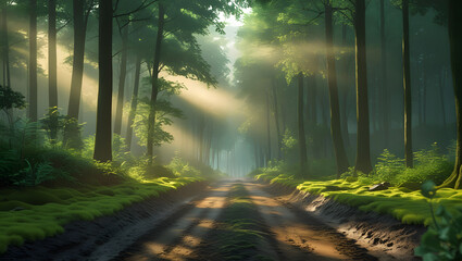 Fototapeta premium Tranquil Forest Pathway with Morning Sunbeams and Mist