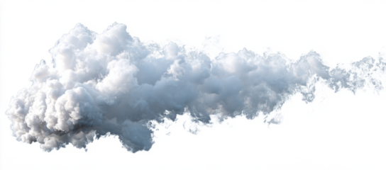 Dynamic White Fluffy Cloud isolated on a pristine white background, showcasing intricate textures and atmospheric volume, ideal for design elements or visual effects.