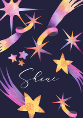 Watercolor star postcard illustration on white background