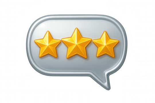 Three gold stars inside a metallic speech bubble represent a positive customer review, giving feedback on transparent background