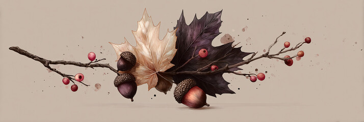 Herbstliche Dekoration mit Eicheln, Beeren und Bl&auml;ttern auf einem Ast vor neutralem Hintergrund