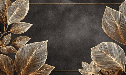 Elegante goldene Bl&auml;tter auf dunklem, strukturiertem Hintergrund mit Rahmen, luxuri&ouml;ses Design
