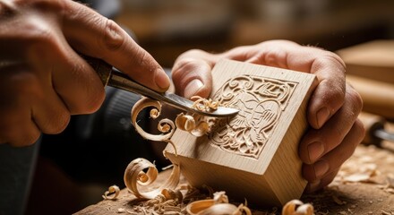 Masterful Hands Carving an Intricate Folk Art Design into a Wooden Block