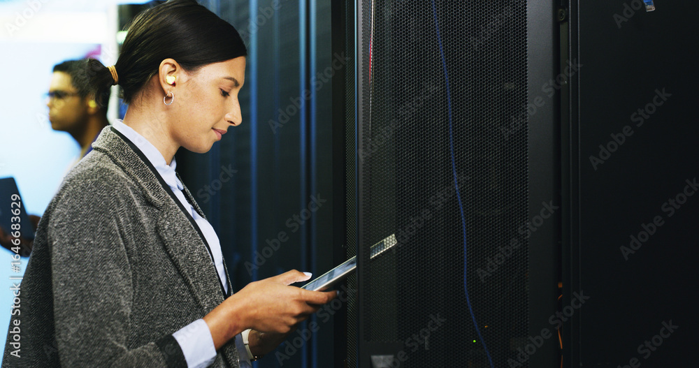 Poster inspection, maintenance and tablet with woman in server room for cybersecurity support. app, databas
