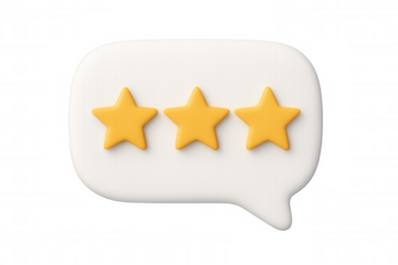 Golden stars inside speech bubble indicating top customer rating, floating on transparent 3d rendered background
