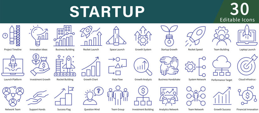 Minimalist Startup line icons set with editable stroke, featuring lounch, idea, btranding, team, distribution, insurance, growth, business profit, leadership, planning, tax. thin linear illustration. 