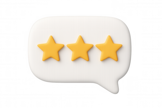 Golden stars inside speech bubble indicating top customer rating, floating on transparent 3d rendered background